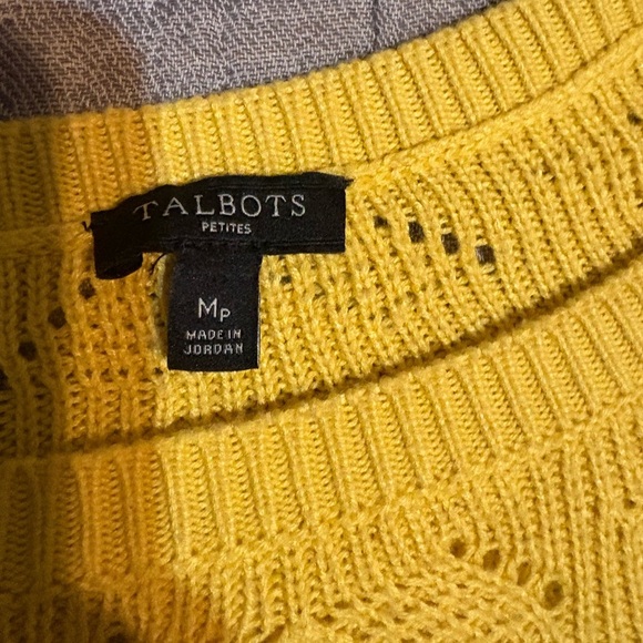 Talbots Women’s Striped Sweater Yellow Navy Gold Buttons Pointelle Neck M - Picture 3 of 4
